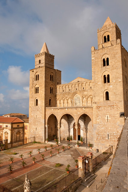 The Duomo in CefalÃ¹, which has a 12th-century mosaic of Christ Pantocrator in the central apse.