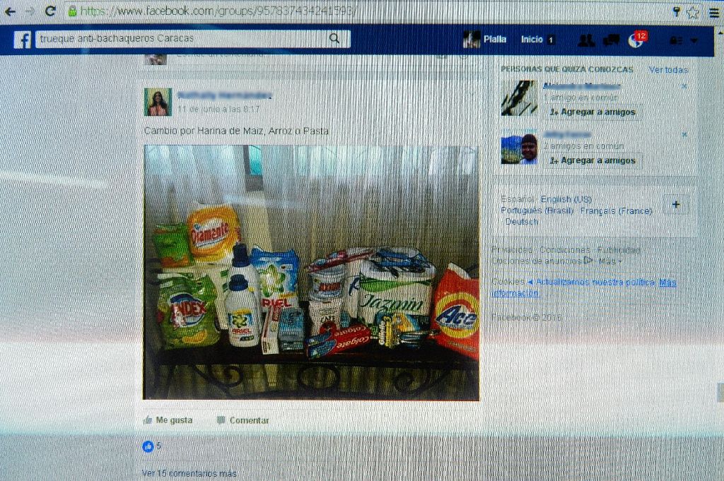 View of a screen showing a Facebook group account for the exchange of scarce products in Caracas on June 13, 2016