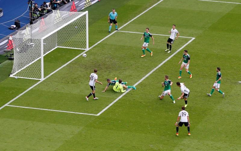 Germany's Mario Gomez scores their first goal
