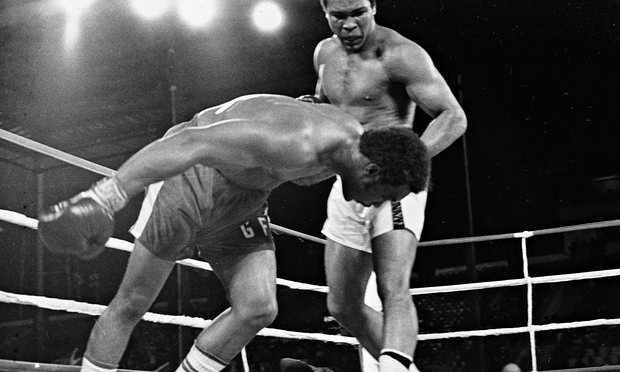 Muhammad Ali watches as defending world champion George Foreman goes down on the canvas in the eighth round of the Rumble in the Jungle. Photograph: Red/AP
