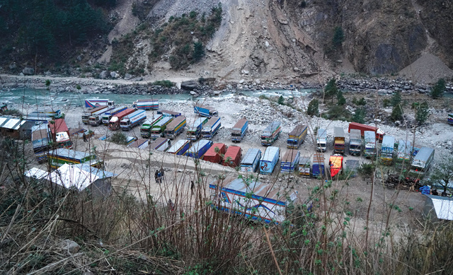 Trucks waiting for customs clearance at Timure of Rasuwa, where China is helping Nepal build a dry port.