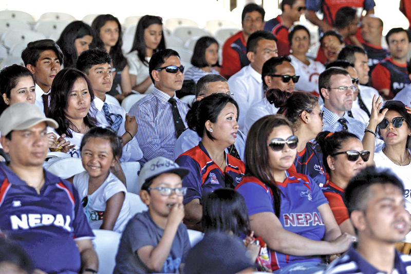 Contingent of Nepali cricket supporters watch their team's play against MMC at the Lord's Crickt Ground, London in Engalnd, on Tuesday, July 19, 2016. Photo: THT