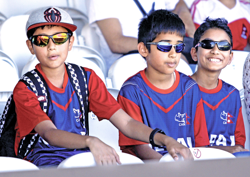 Nepal cricket fans watch their team's play against MMC at the Lord's cricket ground in London, on Tuesday, July 19, 2016.