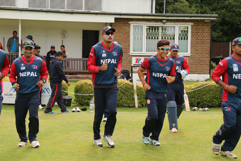 Nepali players take to field during the first innings of the match against the club Cricket Conference on Friday July15, 2016. Photo: Raman Siwakoti
