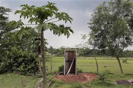 In this May 30, 2016 photo, a public toilet stands by a field in Bormi village, near Dhaka, Bangladesh. Through a dogged campaign to build toilets and educate Bangladeshis about the dangers of open defecation, the densely populated South Asian nation has managed to reduce the number of people who defecate in the open to just 1 percent of the 166 million population, according to the government, down from 43 percent in 2003.