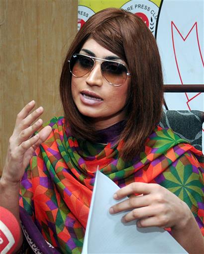 In this picture taken on June 28, 2016, Pakistani fashion model Qandeel Baloch speaks during a press conference in Lahore, Pakistan. Baloch, who recently stirred controversy by posting pictures of herself with a Muslim cleric on social media, was strangled to death by her brother, police said Saturday, July 16, 2016.