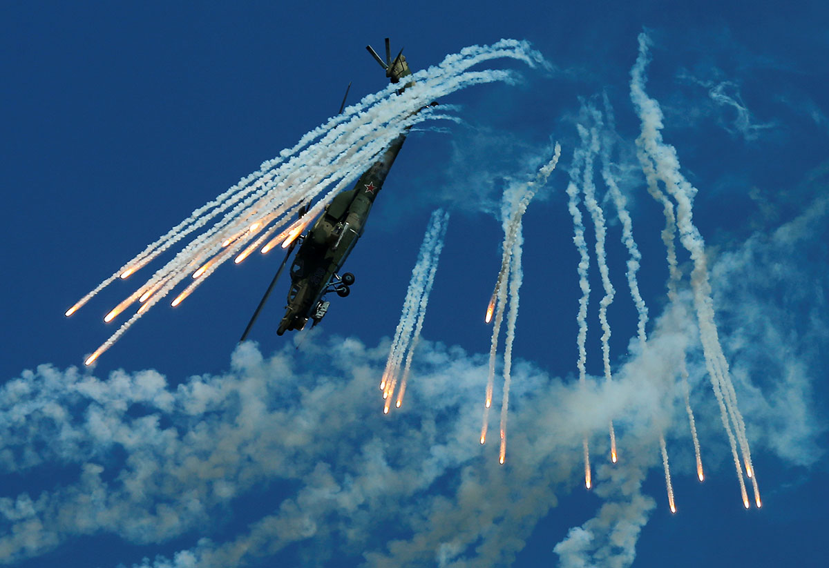 A Mil Mi-28N Night Hunter military helicopter performs in Dubrovichi outside Ryazan.