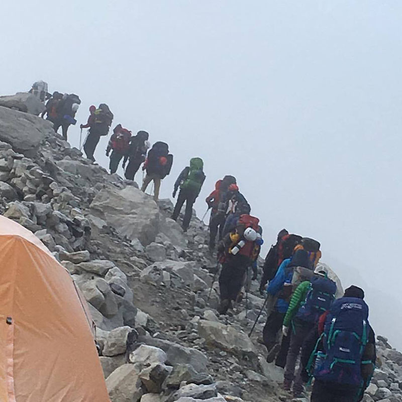 Climbers head to the Camp I from the Mt Cho Oyu Base Camp, in September 2016.