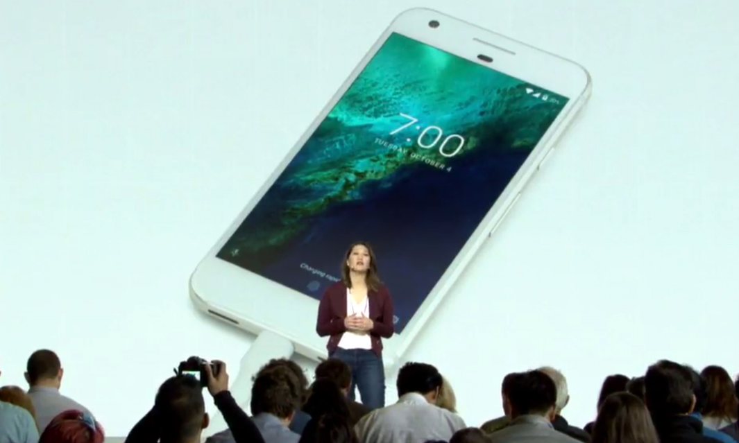 Sabrina Ellis speaks about the Pixelâ€™s quick charging - 7hrs in 15mins - at the Google launch event Photograph: Google