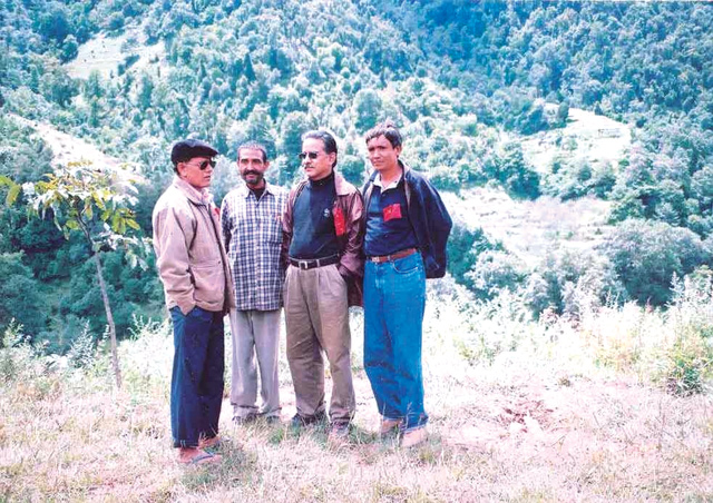 Pushpa Kamal Dahal with Ram Karki in Rukum after the Chunbang meeting in 2005. Karki is currently Minister of Information and Communication.