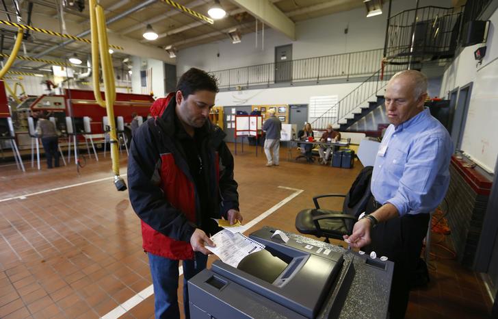 Voter Troy Brewer (L) casts his paper ballot by inserting it into a machine that scans the ballots as poll worker Robert Carrick (R) looks on at the Providence Volunteer Fire Department during the U.S. presidential election in Matthews, North Carolina November 6, 2012. REUTERS/Chris Keane (UNITED STATES - Tags: POLITICS USA PRESIDENTIAL ELECTION ELECTIONS)