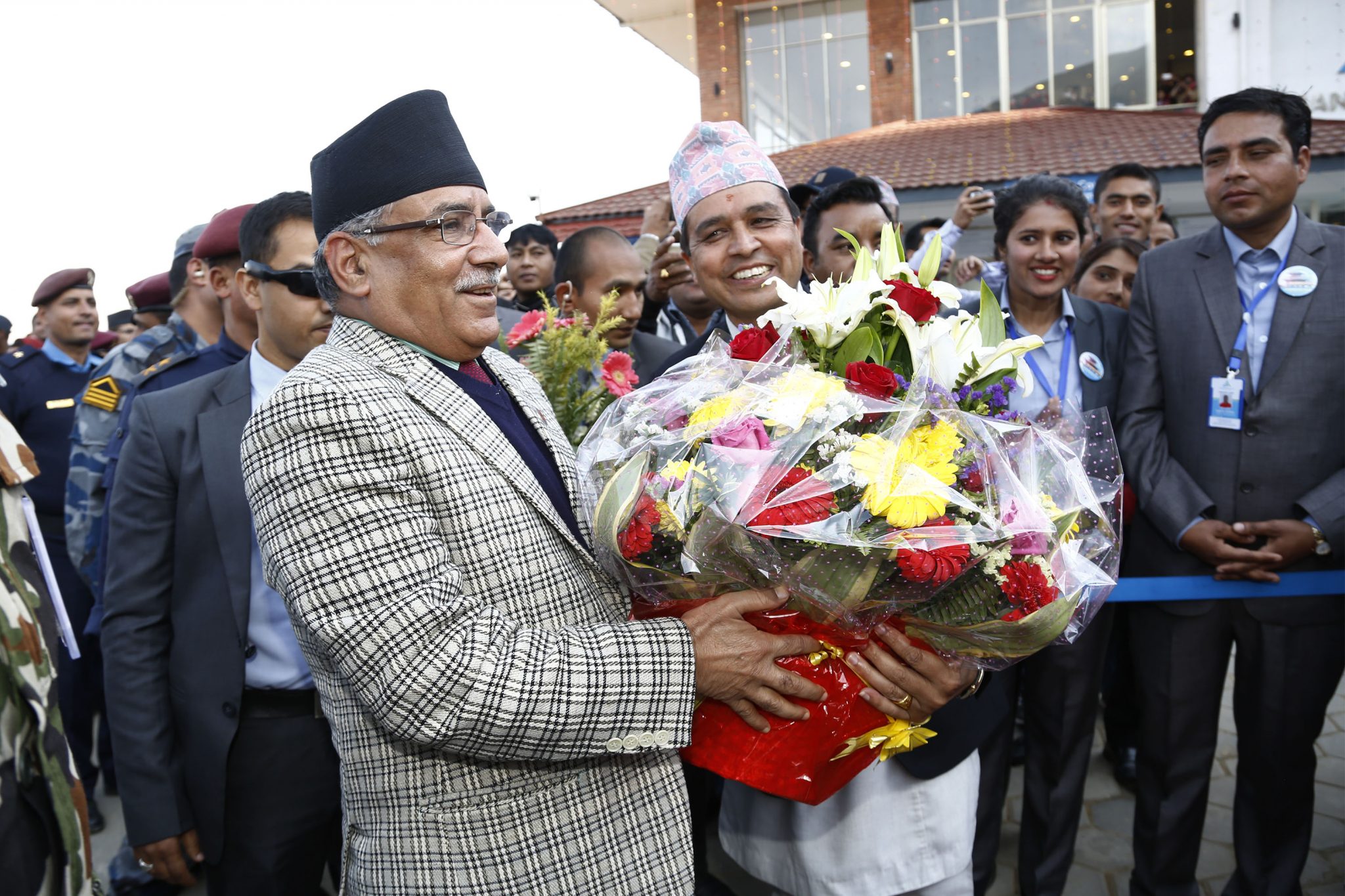 Chandra Dhakal, Chairman of Chandragiri Cable Car welcome to Prime Minister Puspa Kamal Dahal during Chandragiri Cabal car officialy launching ceremony at Chandragiri Hill, Kathmandu on Thursday. POST PHOTO/PRAKASH CHANDRA TIMILSENA