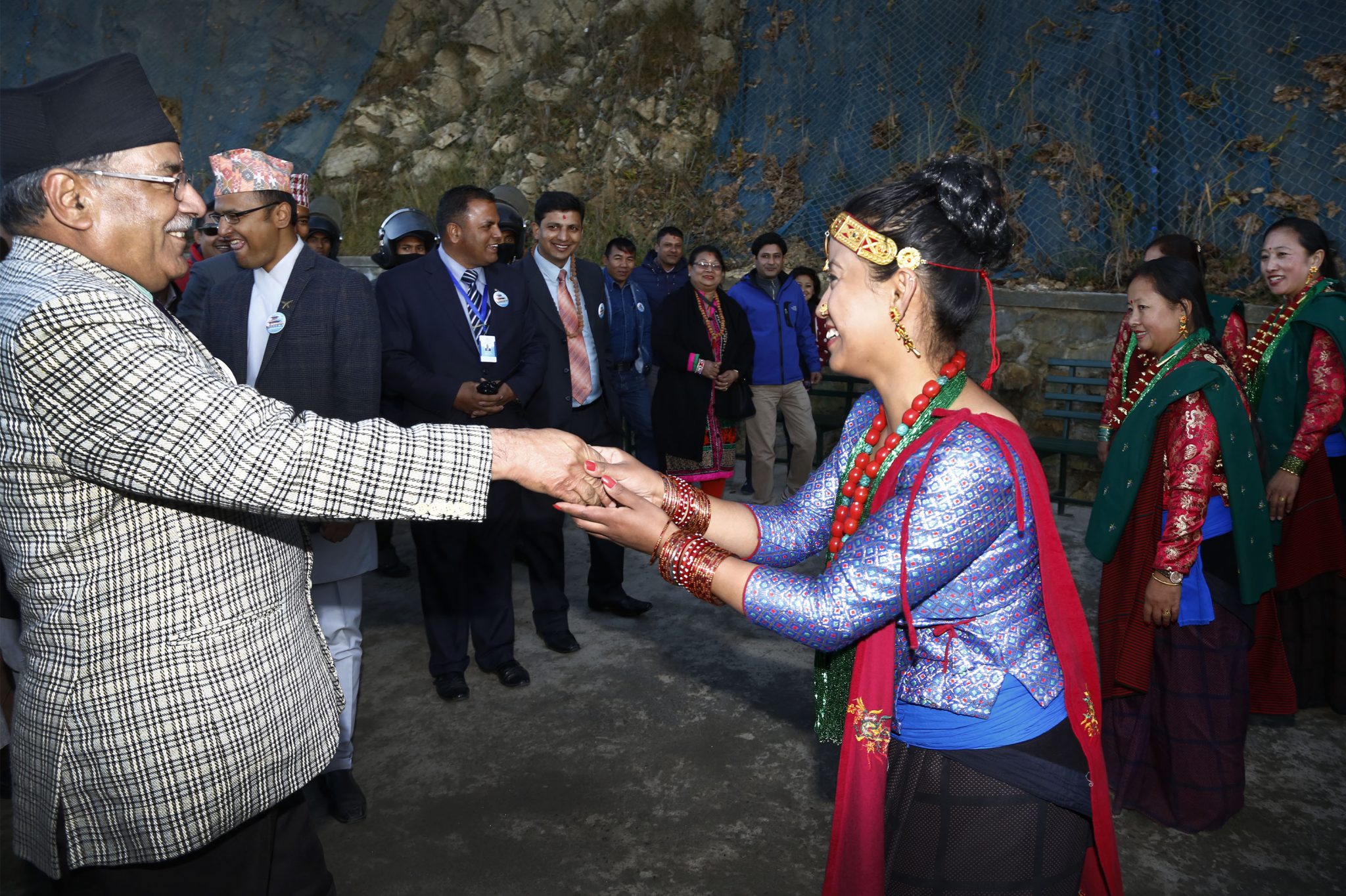 Prime Minister Puspa Kamal Dahal dancing during Chandragiri Cabal car officialy launching ceremony at Chandragiri Hill, Kathmandu on Thursday. POST PHOTO/PRAKASH CHANDRA TIMILSENA
