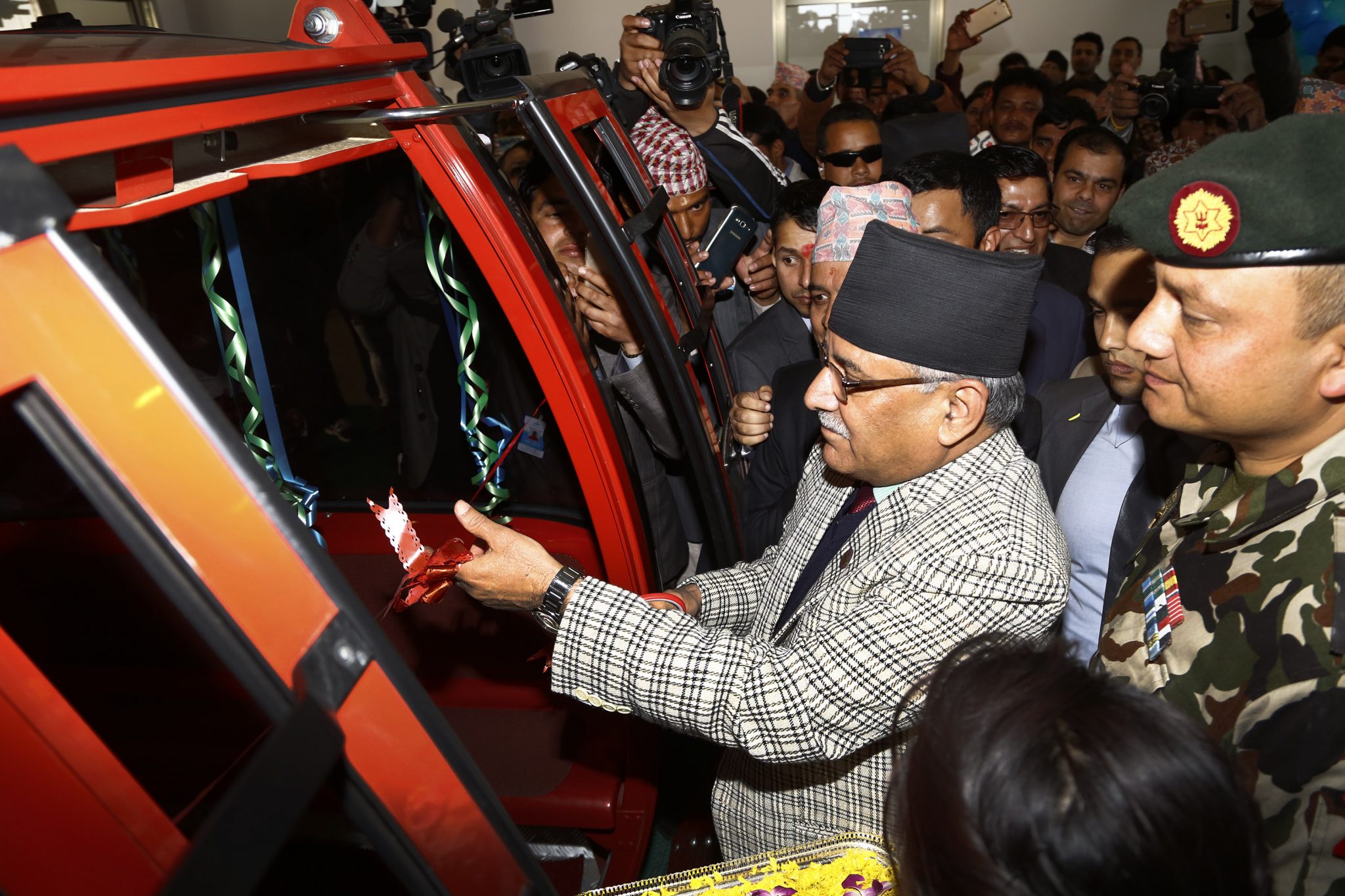 Prime Minister Puspa Kamal Dahal inauguration Chandragiri Cabal car during  officialy launching ceremony at Chandragiri Hill, Kathmandu on Thursday. POST PHOTO/PRAKASH CHANDRA TIMILSENA