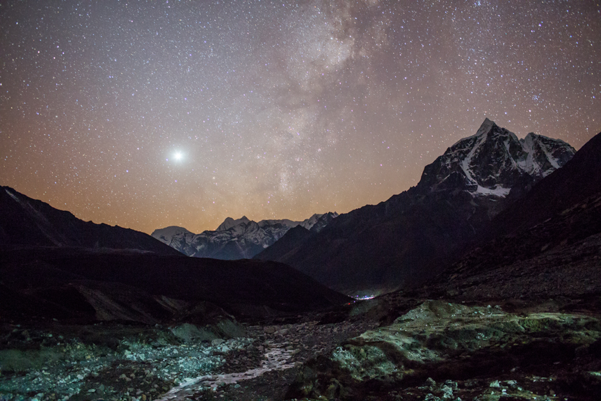 A night view of Imja River valley from Chukum, Solukhumbu district, Nepal.