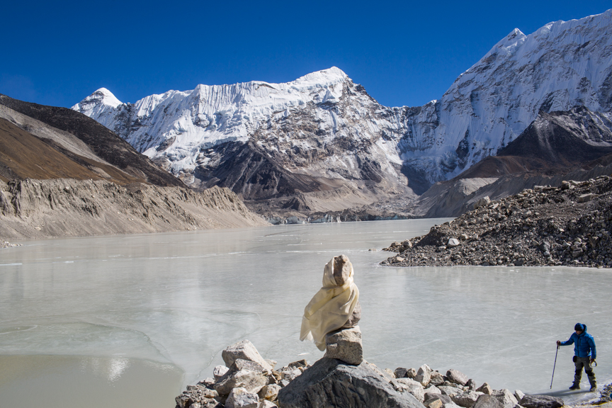 Imja is one of the biggest glacial lakes in the Everest region of Nepal Himalaya at 5,010 meters above sea level. Since 1960 the small lake has increased to 1.28 square kilometres and 150 metres deep.