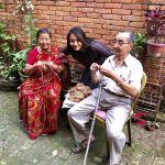 Lorina with her 76 year old grandmother Champa Devi Tuladhar, maker of Lumu socks and her 86 year old grandfather member of #AskAnAji council